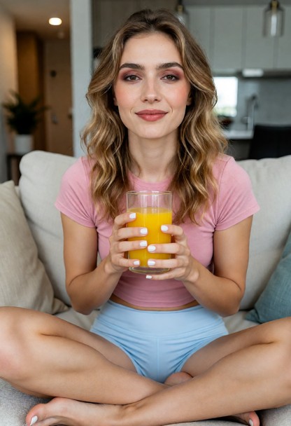 Location: Modern living room. Postion: Amanda its on couch crisscross. Amanda holds a glass of orange juice with both…