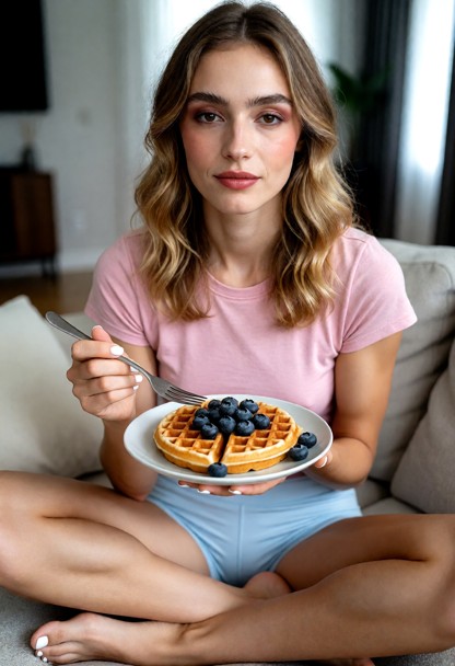 Location: Modern living room. Postion: Amanda its on couch crisscross. Amanda holds a plate of blueberry waffles in h…