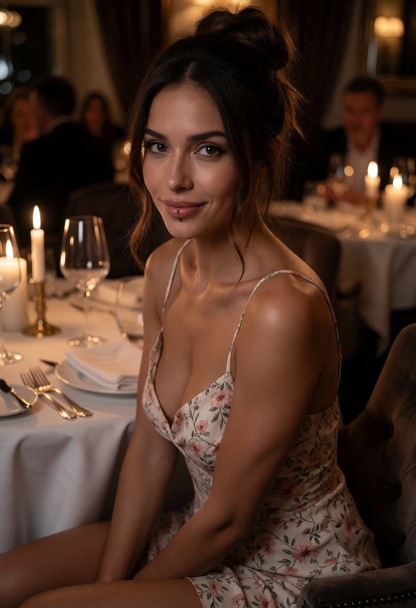Location: late afternoon in a high-end, dimly lit restaurant with white linen tablecloths, polished silver cutlery, a…