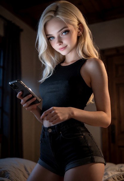 Location: a dimly lit bedroom at night, where the soft glow of a smartphone screen casts a cool light against the war…