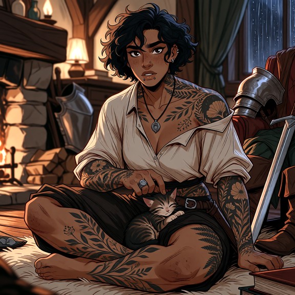 Highly detailed warm cinematic character illustration of Ivy, a 21-year-old adult human knight, accidentally caught d…