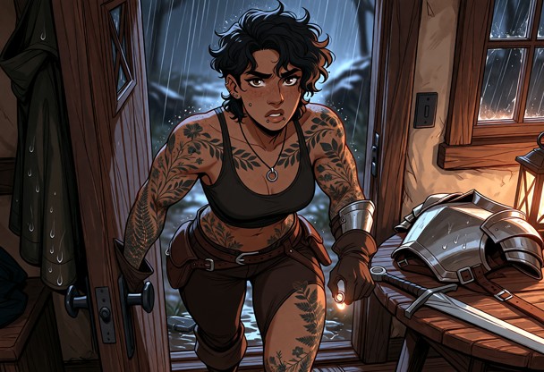 Highly detailed cinematic fantasy illustration, emotionally charged close-medium composition. Ivy, a 21-year-old adul…