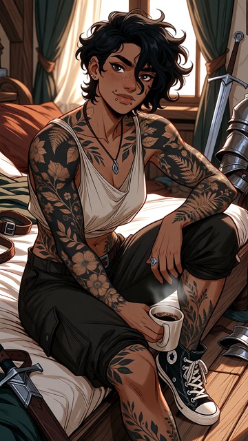 Highly detailed cinematic fantasy character illustration, semi-realistic painted anime style, sophisticated adult pro…