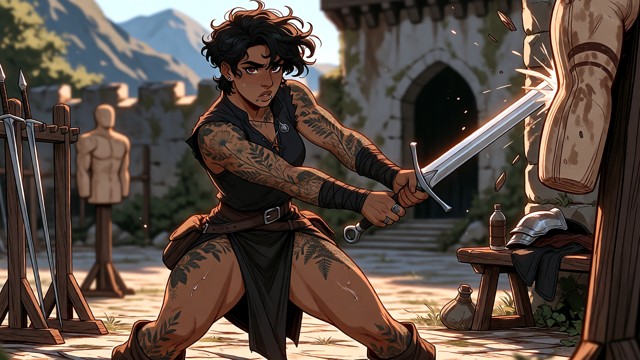 Dynamic highly detailed fantasy character illustration, cinematic action photography composition, Ivy practicing swor…