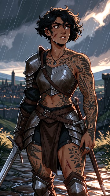Highly detailed cinematic fantasy illustration of Ivy, 21-year-old adult human female knight, standing after a diffic…