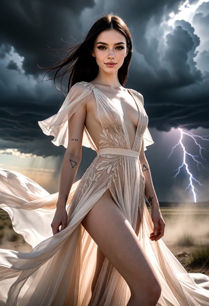standing alone in a vast open landscape under a dramatic stormy sky. She wears an exquisitely elegant, sensual and re…