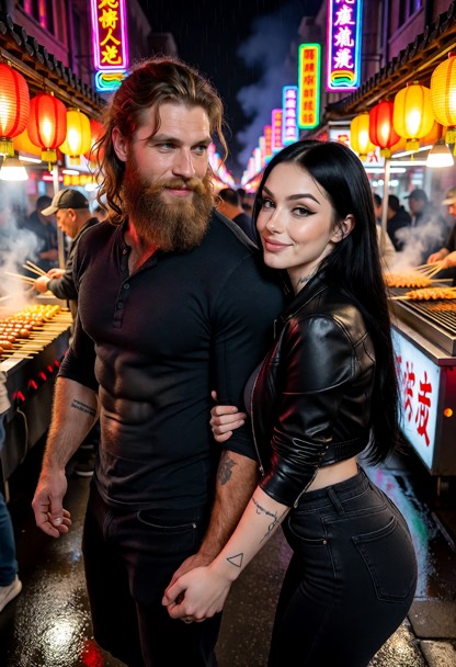 A highly detailed sexy and cute image of Jim and Marie walking close together through a bustling neon-lit night marke…