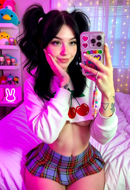 Vertical mirror selfie of a young, stylish woman with volumious wavy black hair styled into messy anime-inspired high…