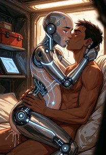 Rho-18 kisses the man deeply as she bounces slightly on his cock; the pair enjoy gentle sex.
