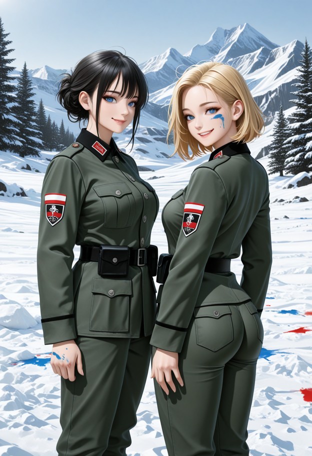 a wide cinematic shot of two women in authentic swiss military uniforms 
standing in a deep alpine valley. they are p…