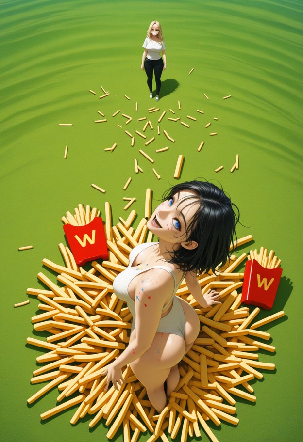 a
 surreal wide shot of a beautiful woman standing in a sunny green field,looking up with an open mouth. the entire s…