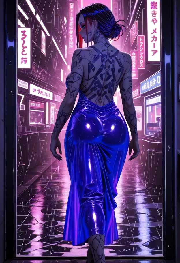 1girl,walking,very drunk,wearing neon indigo purple metal plated extreme deep v-cut long dress,dress glowing neon ind…