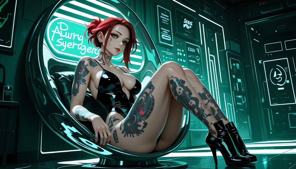 she is sitting in an egg chair,in a large luxury office room,with small inlayed water channels on the floor,with an e…