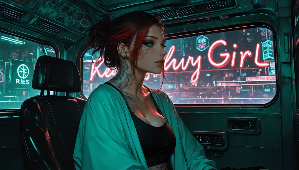 sitting on a sleek motor bike,in a  open sci-fi jacket,neon lights,cinematic lighting