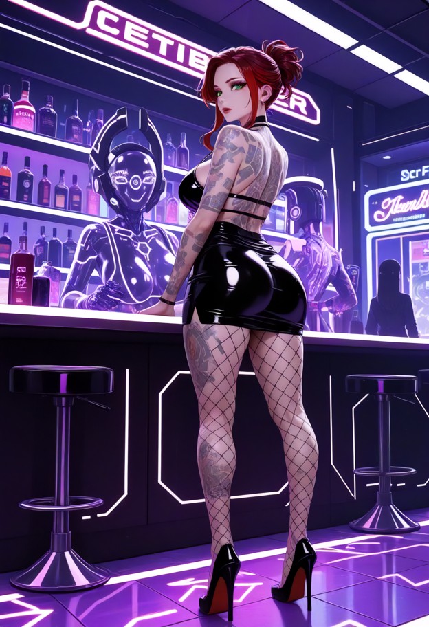2girls,sci-fi,full body,[girl1:  surprised,wearing neon indigo purple metal plated extreme deep v-cut long dress],[ g…