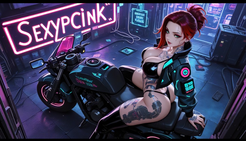 lending back,sitting on a sci-fi motorcycle,in a open sci-fi jacket,neon lights,cinematic lighting,high angle view