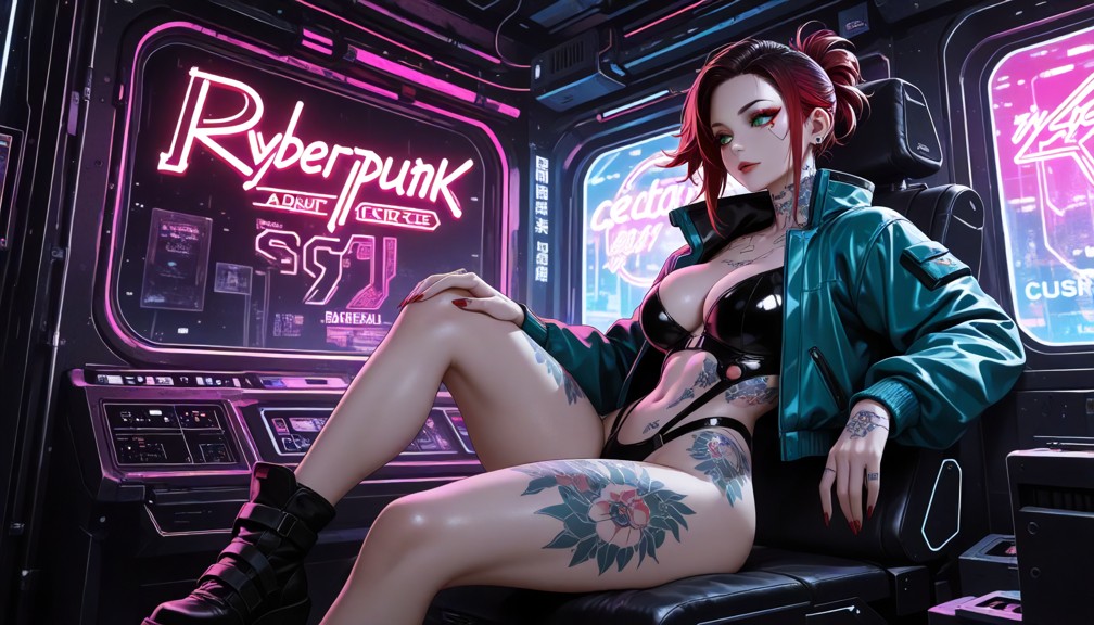 sitting on a sci-fi motor bike,in a  open sci-fi jacket,neon lights,cinematic lighting