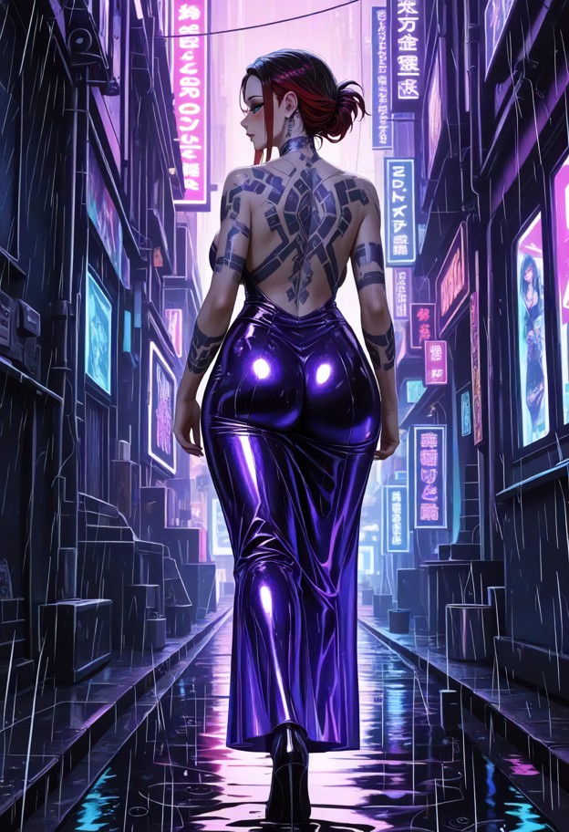 1girl,walking,very drunk,wearing neon indigo purple metal plated extreme deep v-cut long dress,dress glowing neon ind…