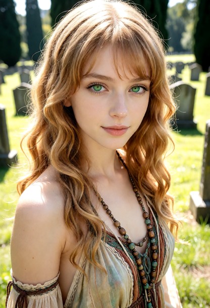 The scene is set in a graveyard with tombstones visible., Woman wears a boho outfit with a flowing dress, beads, and …