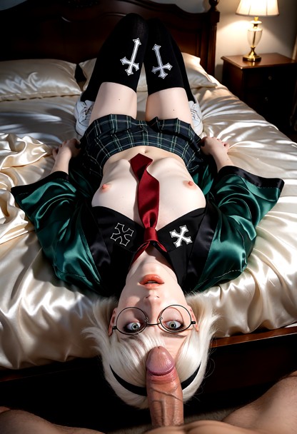 Location: late evening in a dimly lit bedroom with soft shadows stretching across the ivory silk sheets and dark wood…