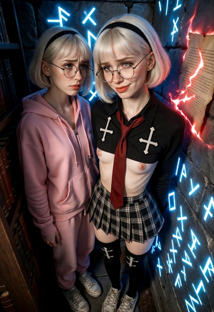 Location: a small hidden chamber behind a bookcase, where the walls are lined with glowing blue runes that cast a mys…