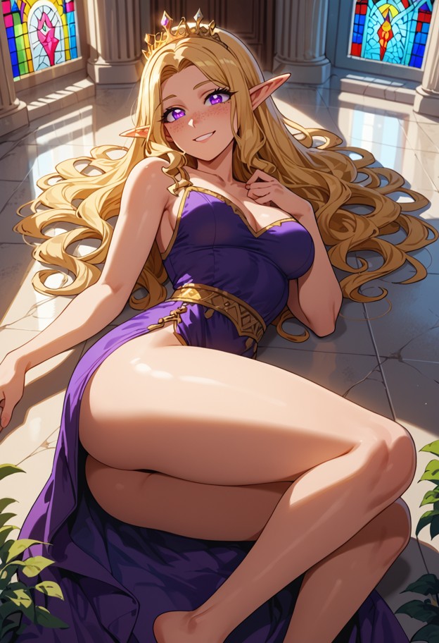 she is,lying on her back on stone floor,head on guy's chest,happy,gold crown,purple gown fallen to waist,bare legs,ca…