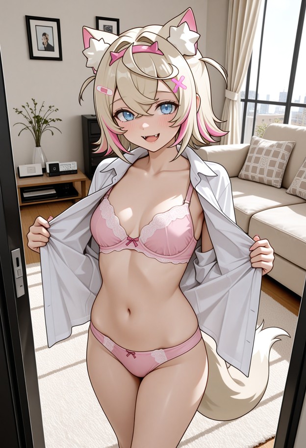 1girl,solo,flat chest,oversized button up shirt,open shirt,flashing you,pink underwear,simple bra,simple panties,stan…