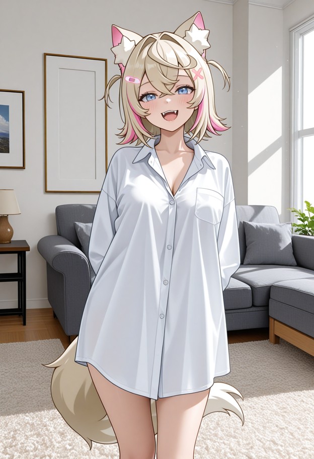 1girl,solo,oversized dress shirt,standing,hands behind back,happy smile,blushing,full-body view,head-to-toe compositi…