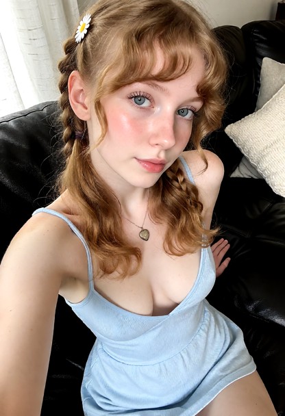 1girl sitting on black leather couch taking selfie, light blue summer dress, deep cleavage, flat chest, living room, …