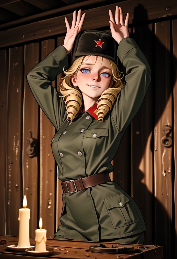 she is performs a folk dance with arms raised and a nervous smile,green military tunic,brown leather belt,dim dugout,…