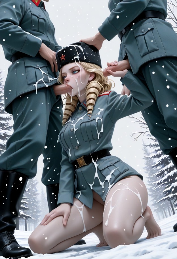 1girl,3boys,gangbang,cum dripping,sucking dick,blowbang,bukkake,men not visible past waist,green soviet uniform,ww2 r…