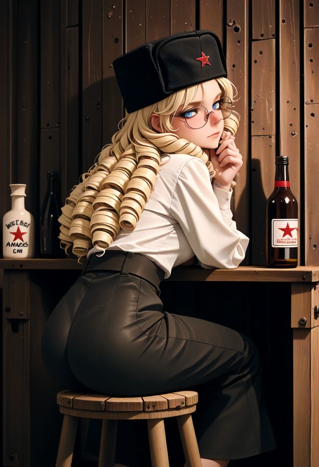 she is sitting on a wooden stool leaning forward and straightening the viewer's collar,white cotton blouse,dark wool …