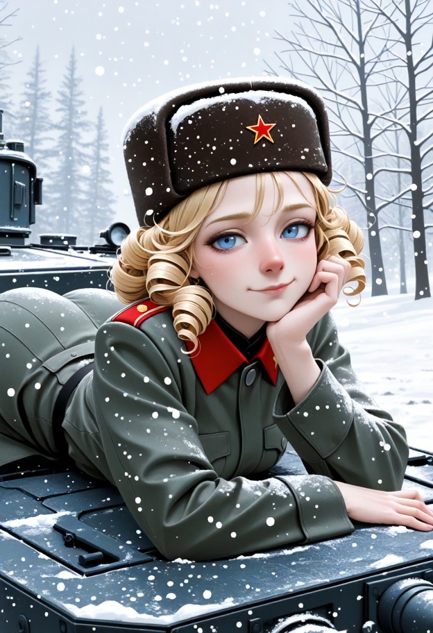 1 girl,small,solo,lying on stomach,ontop of tank turret,full sized tank,tiny character,t-34 tank,character is small,s…