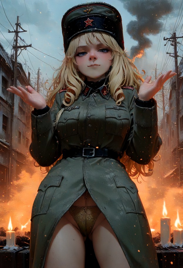 1girl,solo,hands up,shaking hips (dancing),military uniform,soviet red army outfit,clean look,matte makeup,pilotka ha…