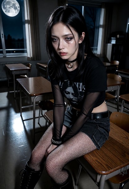 Location: evening in a quiet, dimly lit classroom with rows of empty desks and moonlight filtering through the large …