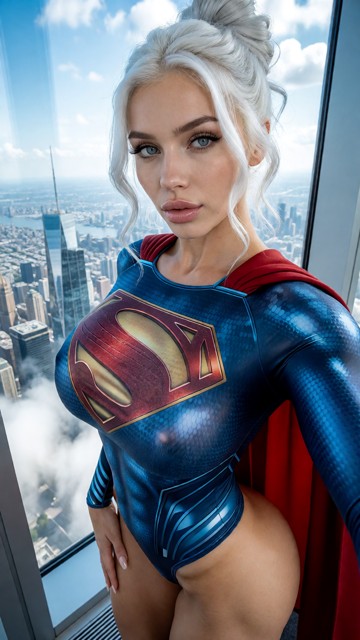 lexi is on top of a skyscraper with view on the whole city over the clouds wearing a super man outfit that suits her …