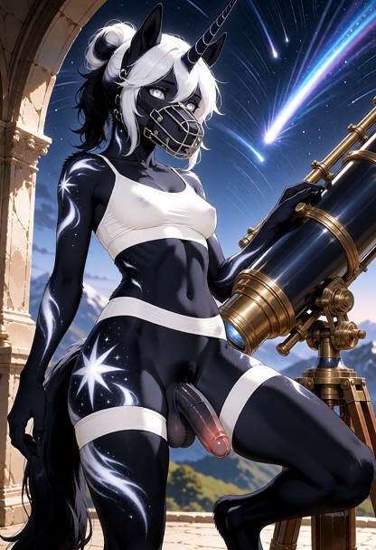 Create an ultra-realistic cinematic anime portrait featuring exactly one adult character: Night Comet, standing insid…