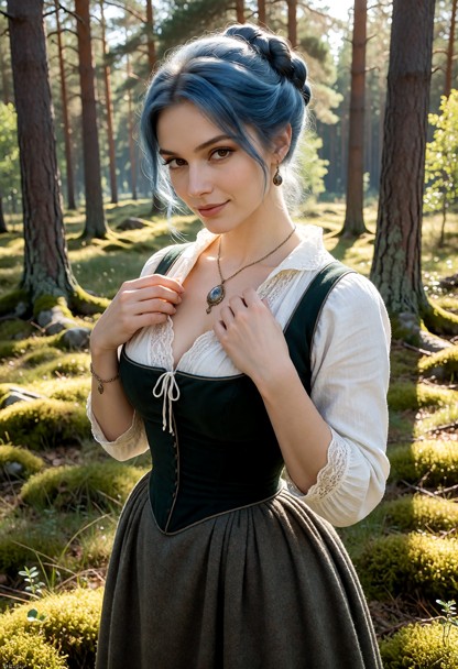 Location: a sun-dappled forest clearing in rural Sweden during a bright afternoon, with ancient pine trees and soft l…