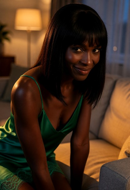 Location: a dimly lit living room in the evening, with soft amber light from a distant floor lamp casting long, warm …