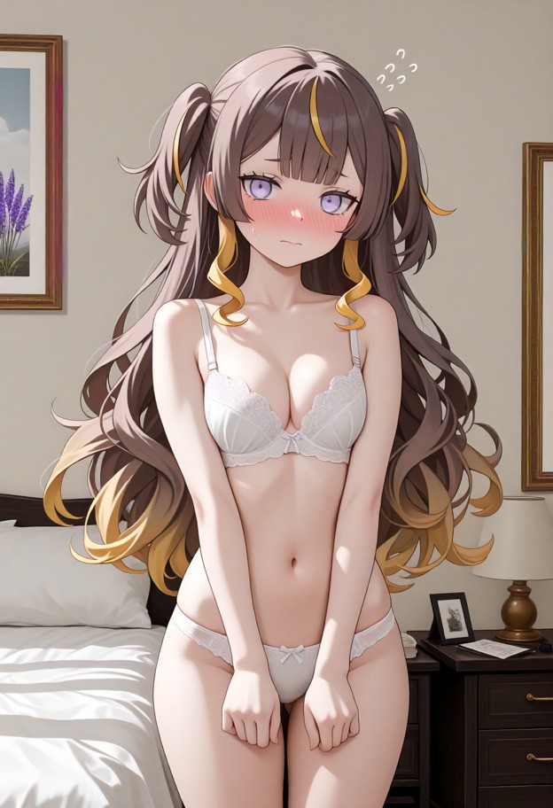 1girl,solo,standing,facing_viewer,white_bra,white_panties,flustered,embarrassed,blush,front view,full-body view,head-…