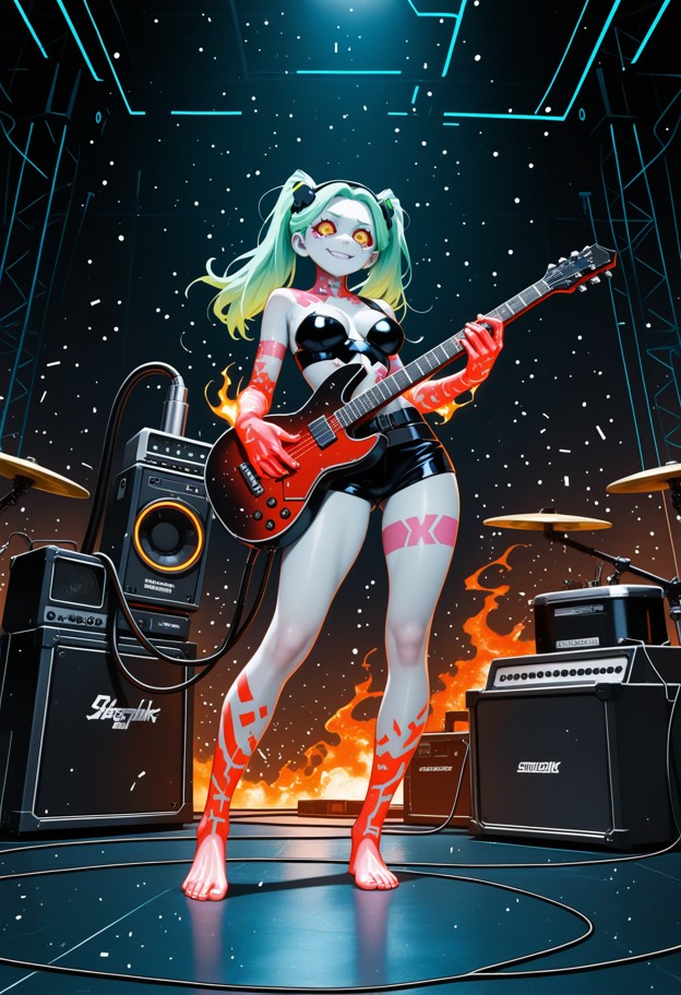 subject: a divine,barefoot female lead guitarist performing in a trance-like state,her head bowed in an ecstatic,prim…