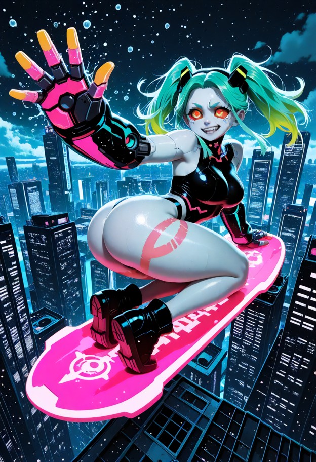 (extreme low-angle action shot:1.4),cyberpunk rider,mid-air hoverboard stunt,(edge of massive skyscraper rooftop:1.5)…