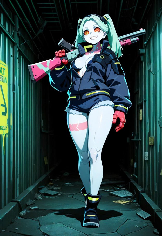 she is walking forward holding a shotgun over her shoulder,worn leather jacket,denim shorts,heavy combat boots,dereli…