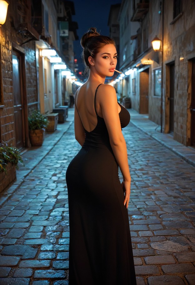she is walking forward while gripping her wrist and looking back,black dress,narrow cobblestone street at night,shado…