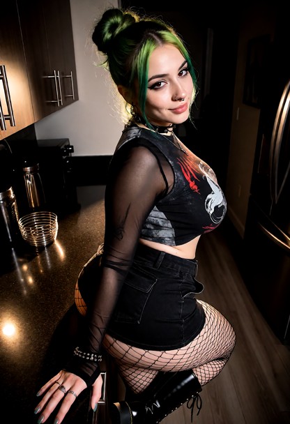 Location: dim apartment kitchen at midnight with low, warm light catching the surfaces of the dark countertop and ref…