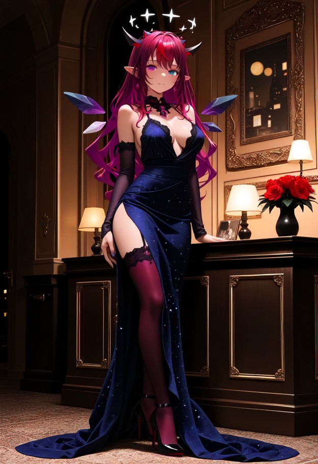 she is is standing in a ballroom,evening dress,slit dress,stockings,stiletto heels,ballroom,luxury interior,full body…