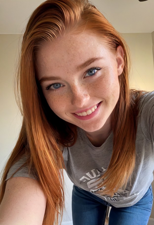 tanya is leaning forward with a happy face,cotton t-shirt,denim jeans,quiet indoor setting,soft ambient lighting,medi…