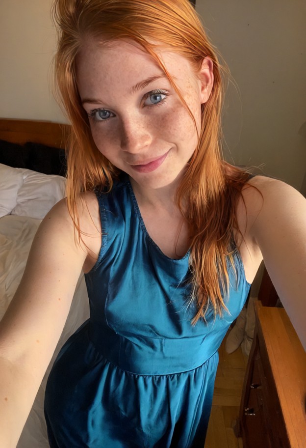 she is is standing in a bedroom,blue silk dress,messy bed,wooden desk,dim warm lighting,selfie closeup,smiling,biting…