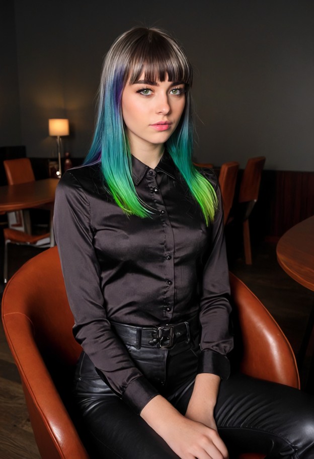 the she is sits in a leather chair,black silk blouse,charcoal grey tailored trousers,professional meeting room,dark w…