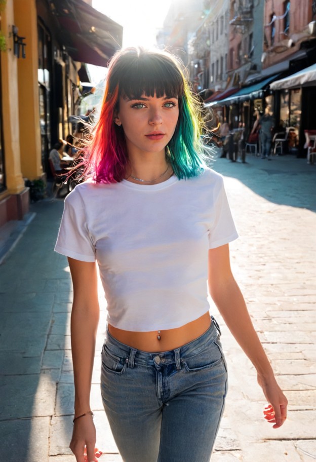 walking alongside viewer and squeezing hand,loose grey cotton t-shirt,blue denim jeans,white canvas sneakers,city sid…